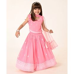Babyhug Woven Sleeveless Georgett Sequined Embroidered  Choli Lehenga Set with Dupatta  & Frill Detailing - Pink