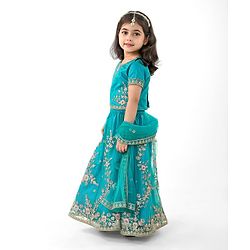 Babyhug Woven Short Sleeves Net Sequinned Embroidered Choli Lehenga & Dupatta Set - Teal