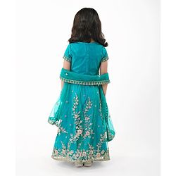 Babyhug Woven Short Sleeves Net Sequinned Embroidered Choli Lehenga & Dupatta Set - Teal