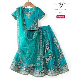 Babyhug Woven Short Sleeves Net Sequinned Embroidered Choli Lehenga & Dupatta Set - Teal