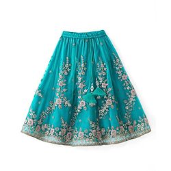 Babyhug Woven Short Sleeves Net Sequinned Embroidered Choli Lehenga & Dupatta Set - Teal