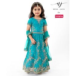 Babyhug Woven Short Sleeves Net Sequinned Embroidered Choli Lehenga & Dupatta Set - Teal