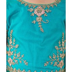 Babyhug Woven Short Sleeves Net Sequinned Embroidered Choli Lehenga & Dupatta Set - Teal