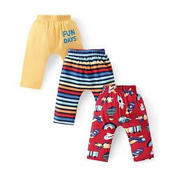 Babyhug Interlock Cotton Knit Full Length Striped Diaper Leggings with Vehicles Print Pack of 3 - Yellow & Red