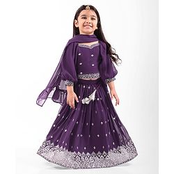Babyhug Woven Three Fourth Sleeves Georgette Sequin Embroidered Choli Lehenga & Dupatta Set - Purple