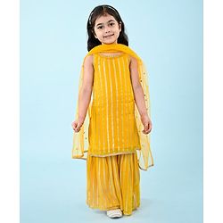 Babyhug Woven Sleeveless Georgette Gotta Patti Embroidered Kurti Gharara & Dupatta Set - Yellow