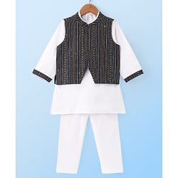 Babyhug Woven Full Sleeves Solid Kurta Pyjama Set With Sequinned Embroidered Jacket - Off White