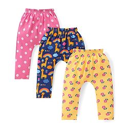 Babyhug Interlock Knit Full Length Diaper Leggings with Floral Polka Dots & Giraffe Print Pack of 3 - Blue Pink & Yellow