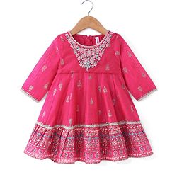 Babyhug Woven  Three Fourth  Sleeves Full Length Foil Printed Ehtnic Dress with Net Dupatta Embroidery & Sequenced Detailing  - Fuschia