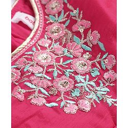 Babyhug Woven  Three Fourth  Sleeves Full Length Foil Printed Ehtnic Dress with Net Dupatta Embroidery & Sequenced Detailing  - Fuschia