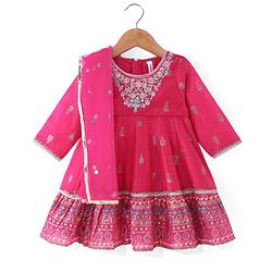 Babyhug Woven  Three Fourth  Sleeves Full Length Foil Printed Ehtnic Dress with Net Dupatta Embroidery & Sequenced Detailing  - Fuschia