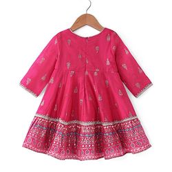 Babyhug Woven  Three Fourth  Sleeves Full Length Foil Printed Ehtnic Dress with Net Dupatta Embroidery & Sequenced Detailing  - Fuschia