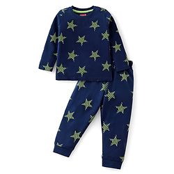 Babyhug Cotton Knit Full Sleeves Night Suit with Star Print - Navy Blue