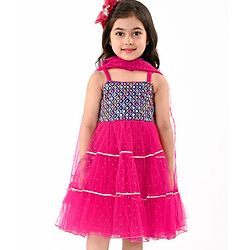 Babyhug  Sleeveless Net Embroidered Ethnic Dress With Mirror Work & Dupatta -  Hot Pink