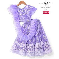 Babyhug Woven  Frill Sleeves Choli & Lehenga Set with Frilled Dupatta Sequin & Floral Embroidery  - Lavender