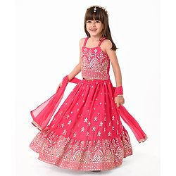 Babyhug Woven Sleeveless Mirror Work Embroidered Choli Lehenga & Duapatta Set- Hot Pink