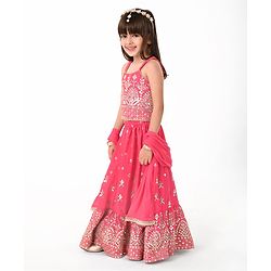 Babyhug Woven Sleeveless Mirror Work Embroidered Choli Lehenga & Duapatta Set- Hot Pink