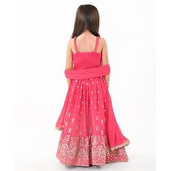 Babyhug Woven Sleeveless Mirror Work Embroidered Choli Lehenga & Duapatta Set- Hot Pink