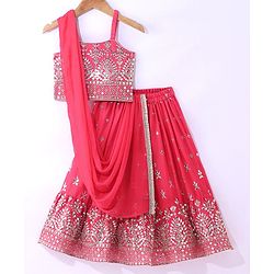 Babyhug Woven Sleeveless Mirror Work Embroidered Choli Lehenga & Duapatta Set- Hot Pink