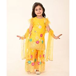 Babyhug Woven Frill Sleeves Net Floral Embroidered Kurti Palazzo & Dupatta Set - Yellow