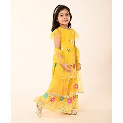 Babyhug Woven Frill Sleeves Net Floral Embroidered Kurti Palazzo & Dupatta Set - Yellow