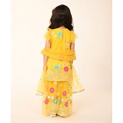 Babyhug Woven Frill Sleeves Net Floral Embroidered Kurti Palazzo & Dupatta Set - Yellow