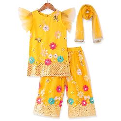 Babyhug Woven Frill Sleeves Net Floral Embroidered Kurti Palazzo & Dupatta Set - Yellow