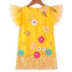 Babyhug Woven Frill Sleeves Net Floral Embroidered Kurti Palazzo & Dupatta Set - Yellow