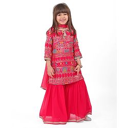 Babyhug Woven Three Fourth Sleeves Sequined Embroidered Kurti & Gharara Set with Dupatta - Fuschia