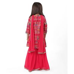 Babyhug Woven Three Fourth Sleeves Sequined Embroidered Kurti & Gharara Set with Dupatta - Fuschia