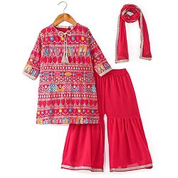 Babyhug Woven Three Fourth Sleeves Sequined Embroidered Kurti & Gharara Set with Dupatta - Fuschia