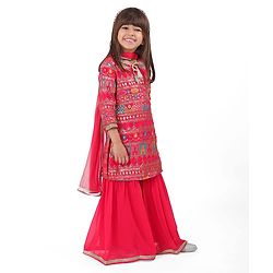 Babyhug Woven Three Fourth Sleeves Sequined Embroidered Kurti & Gharara Set with Dupatta - Fuschia
