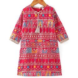 Babyhug Woven Three Fourth Sleeves Sequined Embroidered Kurti & Gharara Set with Dupatta - Fuschia