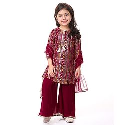Babyhug Woven Georgette Three Fourth Sleeves Sequins Embroidered Kurti Palazzo Set with  Dupatta - Hot Pink