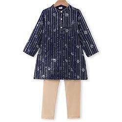 Babyhug Woven Full Sleeves Sequined Kurta Pyjama Set -Navy Blue