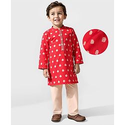 Babyhug Woven Full Sleeves Foil Printed Kurta Pyjama Set - Red