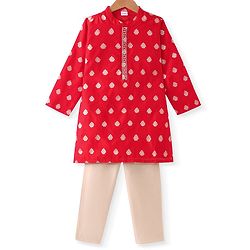 Babyhug Woven Full Sleeves Foil Printed Kurta Pyjama Set - Red
