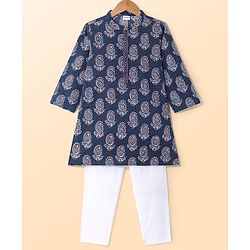 Babyhug Cambric Woven Full Sleeves Printed Kurta Pyjama Set - Blue