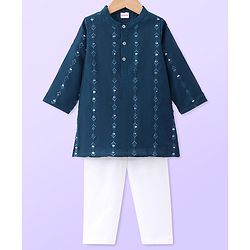 Babyhug Woven Full Sleeves Kurta Pyjama Set with Mirror Work Embroidery - Navy Blue