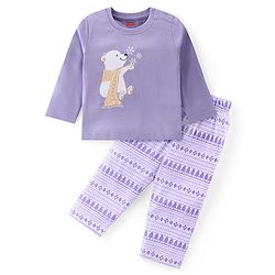 Babyhug Cotton Knit Full Sleeves Night Suit With Bear Print -Lavender