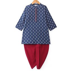 Babyhug Cambric Woven Full Sleeves Floral Printed Kurta Dhoti Set - Indigo