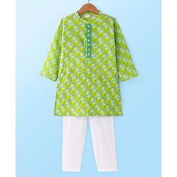 Babyhug Cambric Woven Kurta Pyjama Set Floral Print - Green