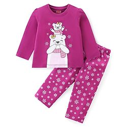 Babyhug Cotton Knit Full Sleeves Night Suit with Snow Bear & Flakes Print - Purple