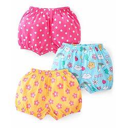 Babyhug 100% Cotton Knit Bloomers Polka Dots & Floral Print Pack of 3 - Pink Yellow & Blue