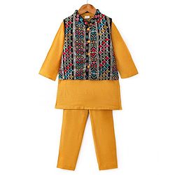 Babyhug Woven Full Sleeves Solid Colour Kurta Pyjama Set with Sequined Embroidered Nehru  Jacket - Mustard