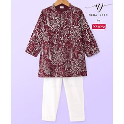 Babyhug Woven Full Sleeves Embroidered Kurta Pyjama Set - Maroon