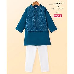 Babyhug Woven Full Sleeves Solid Colour Kurta Pyjama Set with Sequined Embroidered Nehru Jacket - Teal Blue
