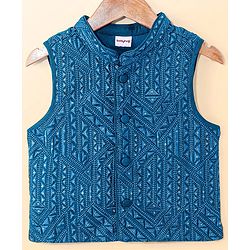 Babyhug Woven Full Sleeves Solid Colour Kurta Pyjama Set with Sequined Embroidered Nehru Jacket - Teal Blue