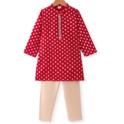 Babyhug Woven Full Sleeves Foil Printed Kurta Pyjama Set - Red
