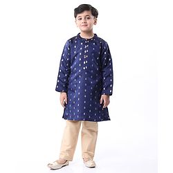 Babyhug Lurex Woven Full Sleeves Dobby Kurta Payjama Set with Floral Foil Print -  Navy Blue
